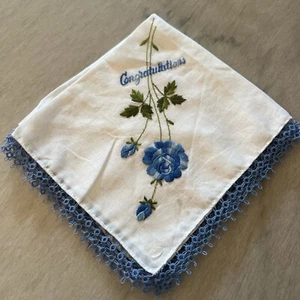 Vintage White Handkerchief Blue Roses Congratulations Blue Crocheted Edge - Picture 1 of 3