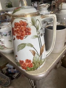 9 inch high hand-painted very decorative coffee pot with orange flowers gold - Picture 1 of 8