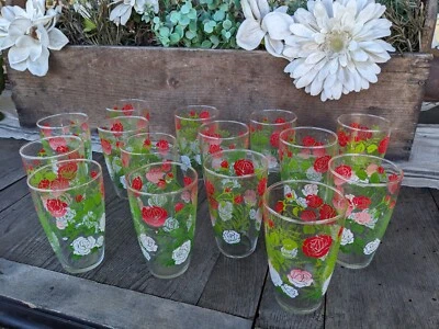 Vasos de vidrio vintage Libbey Safedge rosa/blanco/rojo floral rosa 10 oz (15) Foto 1 de 4