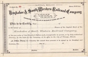 1800s Kankakee & South Western Railroad Company - unissued capital stock - Picture 1 of 1