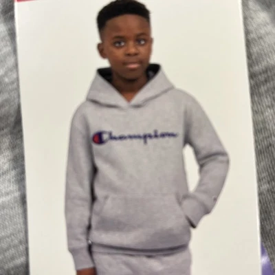 Champion Hoodie Boys M 10/12 Gray Spellout Sleeve Logo Fleece Lined Athletic - Image 1 of 4