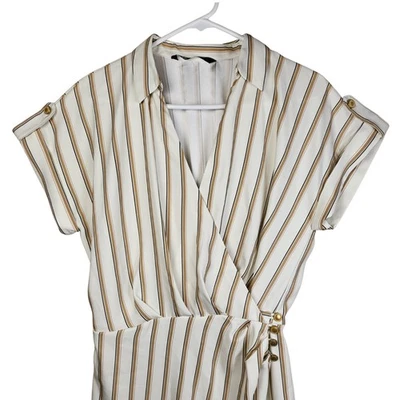 Zara Striped Midi Dress Wrap Size M Plunge Neck Boho Euro Summer White Tan - Image 1 of 4