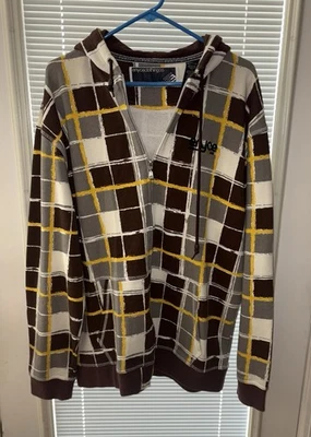 Sudadera con capucha vintage Enyce cremallera completa, patrón a cuadros marrón, blanco, gris y amarillo. XXL Foto 1 de 2