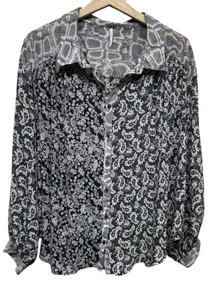 Free People Sz L Dani Button Down Top Floral Paisley Patchwork Boho Oversized - Imagem 1 de 4