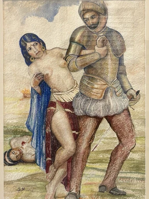 🔥 Antique Old Mexican Modern MURALISM Conquistador Aztec Woman Painting, 1930s - Image 1 of 4