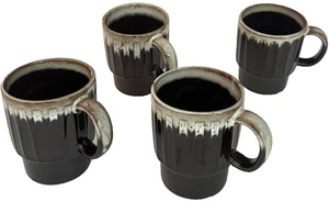 Set of 4 "Japan" Stackable Stoneware Mugs Brown Drip Glaze 6 oz Ribbed Design - Picture 1 of 10