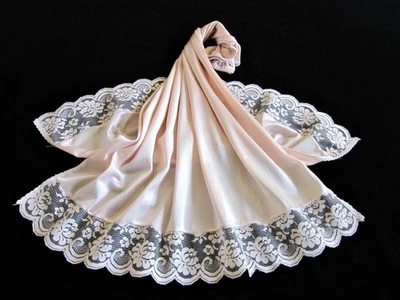 Vintage Waist Slip Silky Nylon S Pinky-Beige Ecru Lace Hem Side Slits Half Slip - Image 1 of 4