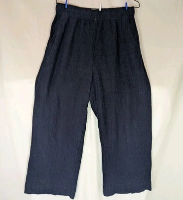 Tahari Linen Pants Size M Wide Leg Crop Navy  Elastic Waist Lined Beach Coastal - Image 1 of 4