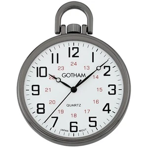 Gotham Men's Gun Metal Thin Railroad Open Face Quartz Pocket Watch with Chain - Picture 1 of 5