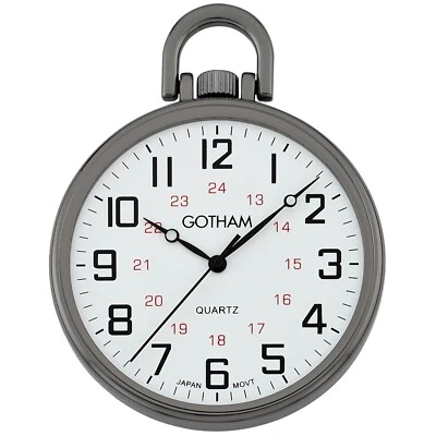 Gotham Men's Gun Metal Thin Railroad Open Face Quartz Pocket Watch with Chain - Image 1 of 4