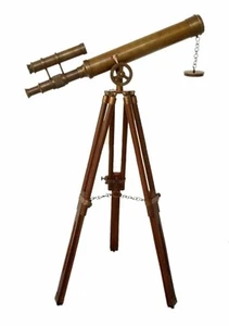 Marine brass double barrel telescope With wood tripod Telescope - Picture 1 of 4