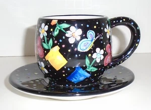 FIB Tazza Demitasse Nera Fiori e Farfalle, Piattino Nero a Pois Festa - Foto 1 di 7