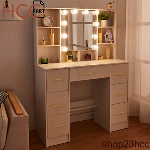 Dressing Table with LED Lights Mirror Sliding 7 Drawers Vanity Makeup Desk Set - Picture 1 of 13