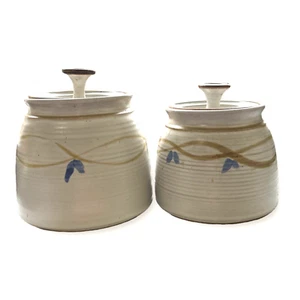 Vtg Stoneware Set Of Two Canisters Cream Bisque Signed Handmade w/ Lids Med/Lg - Picture 1 of 8
