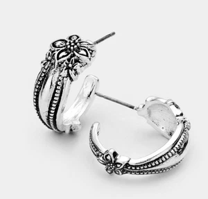 Antique Floral Metal Half Hoop Earrings - Picture 1 of 1