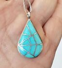 Vintage ZUNI MLK Sterling Silver Turquoise Inlay Spider Web Pendant Necklace