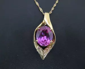 MYSTICAL Pink Lab Created ALEXANDRITE 10k Yellow LEAF Pendant Chain Necklace - Picture 1 of 8