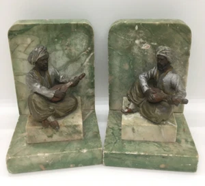 Antique Alabaster & Spelter Bookends - Middle Eastern Arabic Men playing Lutes - Picture 1 of 7