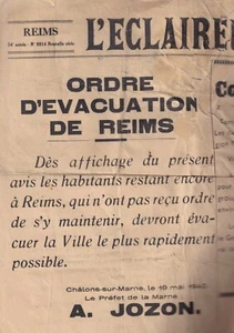 L'ÉCLAIREUR de L'EST ORDRE D'ÉVACUATION de REIMS par le Préfet JOZON 20 Mai 1940 - Picture 1 of 2