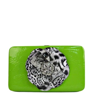 GREEN LEOPARD FLOWER RHINESTONE BLING DISTRESSED BIFOLD FLAT THICK WALLET NEW - Picture 1 of 4