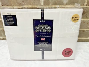 Savile Row London KING Luxury White Hemstitch Cotton Percale Sheet Set 200TC NEW - Picture 1 of 6