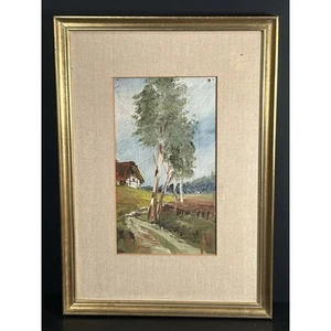 Vtg Birch Trees On A Country Lane Painting Picture Mini 11" x 9" Framed OOAK - Picture 1 of 9