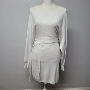 White Knit Wrap Dress Belted V Neck Long Sleeve Mini Size M - Foto 1 di 8