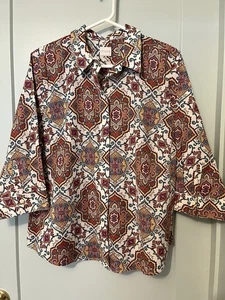 Chico's bügelfreie Bluse mehrfarbig 3/4 Slv Baumwolle Knopfleiste Hemd Medaillon - Bild 1 von 10