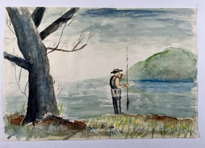 "Pintura acuarela original de colección hombre fumando pipa pesca 12x18"" arte popular" Foto 1 de 4