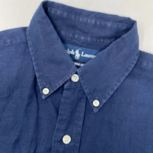Ralph Lauren Men's Medium 100% Linen Navy Blue Short Sleeve Button Down Shirt - Picture 1 of 5