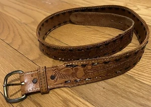 Vintage Brown Tooled 36 40 Leather Men’s Belt Southwest Western Cowboy Stitched - Picture 1 of 6
