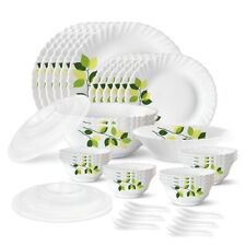 Borosil Green Leaves Silk Series Opalware Dinner Set 35 Pieces White