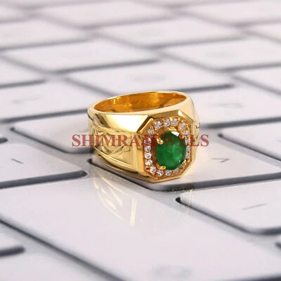 Simulierte Smaragd Edelstein Mit Vergoldetem 925 Sterling Silberring Für Männer - Bild 1 von 3