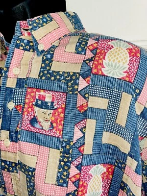 Camisa Aloha Edredón Arte Popular Tío Sam Rosa Azul 4 de Julio REYN SPOONER De Colección 2000-XL Foto 1 de 4