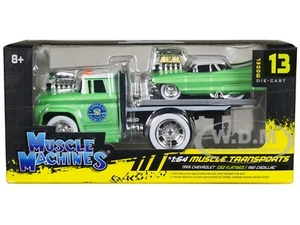 1966 CHEVROLET C60 FLATBED & 1961 CADILLAC GREEN 1/64 BY MUSCLE MACHINES 11545 - Picture 1 of 2