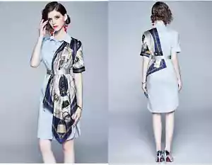 Women's Bodycon Short Sleeve Work Dresses Casual Midi Floral Dress with Belt - Picture 1 of 7