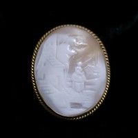 Vintage Antique Victorian Village Scene Gold Plate Carved Shell Cameo Brooch Pin