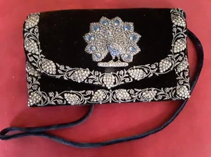 Antique Vintage Emboidered Beaded Peacock Velvet Clutch Purse - Picture 1 of 6