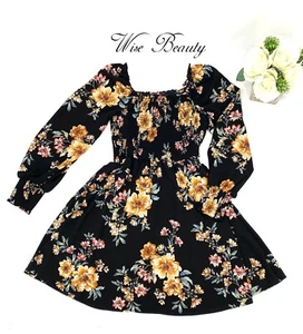 Xhilaration Babydoll Dress Women’s Small Black Floral Long Sleeve Pockets NEW - Picture 1 of 11