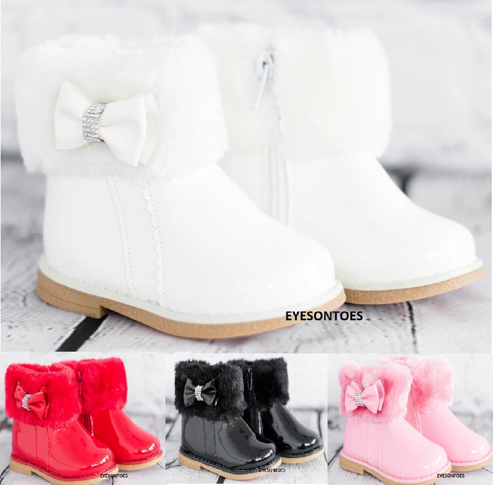 KIDS GIRLS PATENT FLATS INFANTS SPANISH BOW DIAMANTEWINTER ZIP UP FUR BOOTS SZ - Image 1 of 1