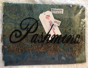 Peach Couture Luxury Paisley Pashmina Shawl Teal Turquoise Olive 56” X 72” NEW - Picture 1 of 10
