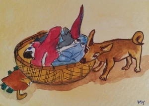 ACEO Originale - Il mio cane e i suoi giocattoli - Acquerello 2,5 x 3,5 Firmato - Foto 1 di 4