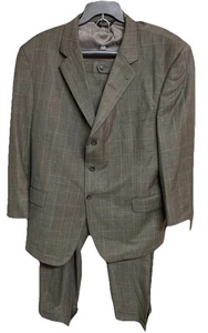Men's Jos A. Bank 2 Piece Suit Wool Windowpane Plaid Gray Measures 52R 45x30 - Picture 1 of 8