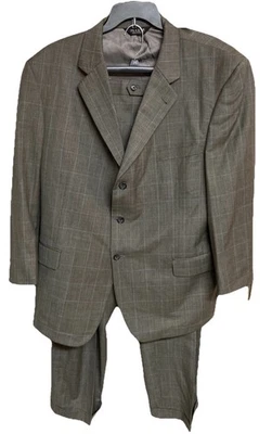 Men's Jos A. Bank 2 Piece Suit Wool Windowpane Plaid Gray Measures 52R 45x30 - Image 1 of 4