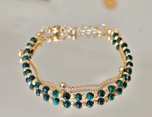 Exquisite Dainty Green Malachite Bracelet 18k Gold Filled Chain Beaded Bracelet - Picture 1 of 6