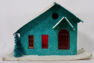 Christmas Putz House Teal White Roof Glitter Bottle Brush Tree Japan #40 - Picture 1 of 8