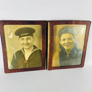 Vintage US Navy Sweetheart Photos Double Frame Leather Ostrich Binder - Picture 1 of 4