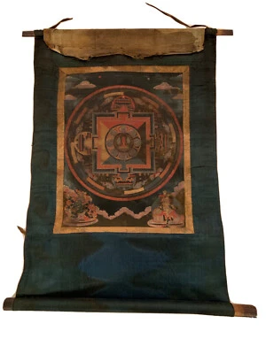 Antigua pintura de seda mandala rollo Thangka budista mongol tibetano Foto 1 de 4