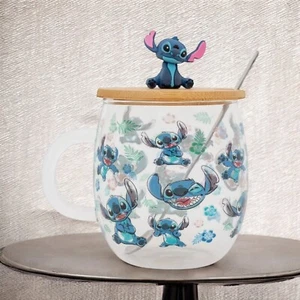 Disney Lilo & Stitch Expressions Glass Mug w/ Wood Lid & Gold Spoon Holds 17oz - Picture 1 of 6