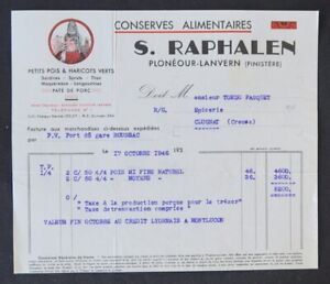 Facture 1946 PLONEOUR LANVERN conserve RAPHALEN sardine thon illustrée 114
